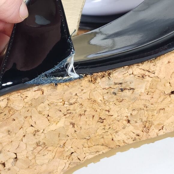 Jimmy Choo Women's Pathos Black 38 US7,5 Patent Leather Cork Thong Wedge Sandals - Picture 16 of 16